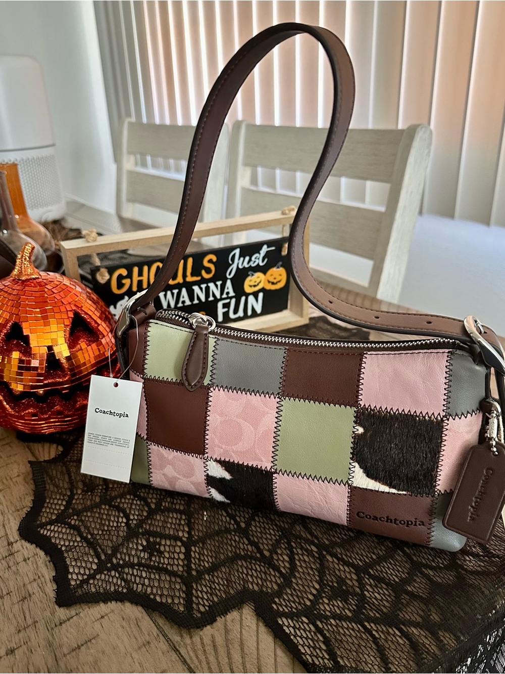 Coachtopia Patchwork Leather Shoulder Bag in Brown, Pink & Green